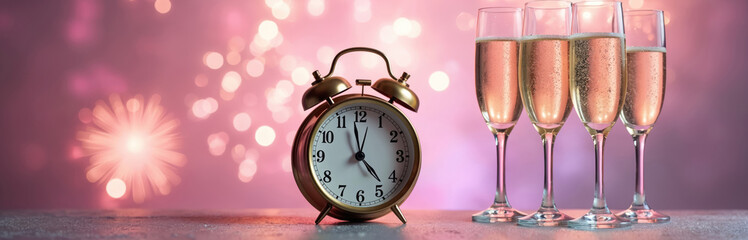 Golden alarm clock shows midnight near champagne flutes full of bubbly beverage. Festive lights and fireworks create atmosphere for ringing in new year.