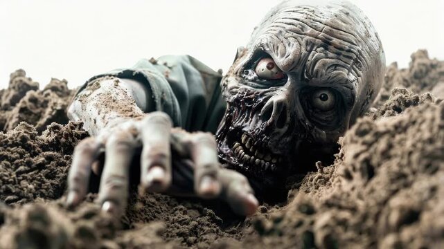 Video A close-up view of a zombie buried in the dirt, with its face and hands visible