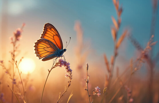 Orange butterfly rests on pink wildflowers during golden sunset light. Soft focus meadow grass and blue sky create serene atmosphere. Gentle nature scene. - Powered by Adobe
