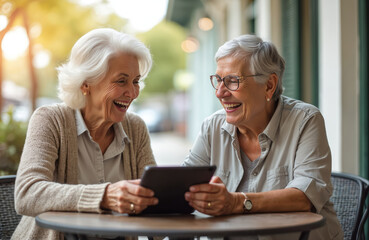 Two senior women laugh while viewing content on a tablet computer. Friends share a happy moment at an outdoor cafe table, enjoying conversation and modern tech.