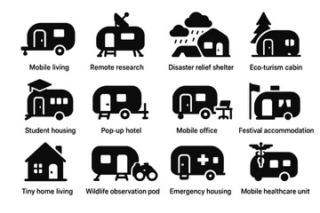 Icons tourism shelter icon mobile student relief housing home eco vector station