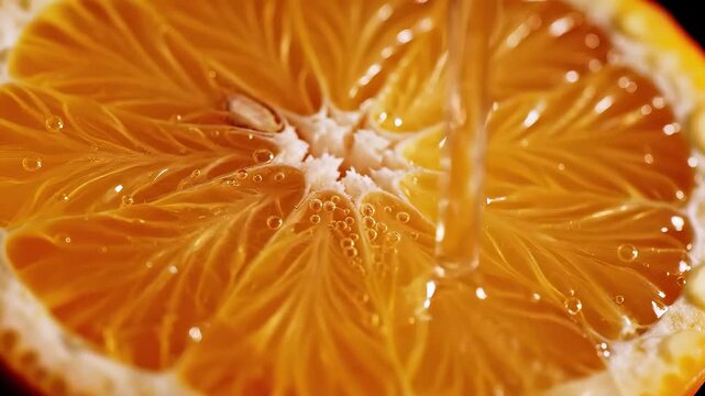 Close up of honey pouring onto a juicy orange slice with water droplets.