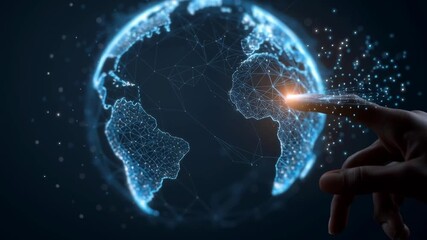 A hand is pointing at a globe with a blue and orange dot on it. Concept of curiosity and exploration, as if the person is trying to understand the world and its many complexities - Powered by Adobe