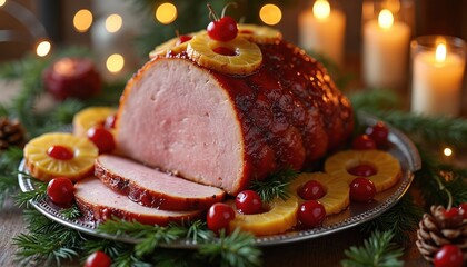 Glazed ham with pineapple rings and cherries sits on festive table. Candles and pine branches create holiday mood. This is a traditional Christmas dinner feast.