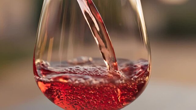 Close up shot of pouring delicious rose wine into a glass.