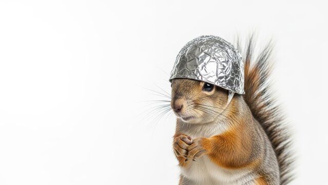squirrel wearing a tinfoil hat, paranoid, paranoia, on a white background, animal photo