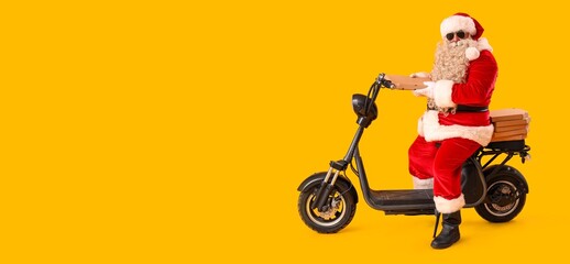 Cool Santa Claus with pizza boxes on electric scooter against yellow background with space for text