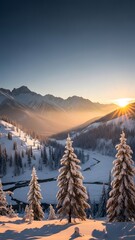 Snowy Mountain Landscape at Sunrise