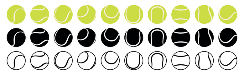 Collection of tennis or padel balls in filled yellow, black and white and outline style for sports design. Flat vector illustration isolated on white background.
