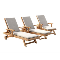 Three wooden lounge chairs with white cushions sit outdoors on a black background