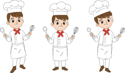 Set of funny cartoon chefs. Cute Cartoon Chef Character Vector Illustration. The male cook mascot holds a ladle and a spoon.