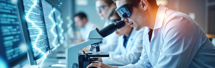 Scientists in lab coats examine DNA helix on computer screens. One researcher uses a microscope, wearing VR goggles. Advanced genetic research happens in a futuristic laboratory.