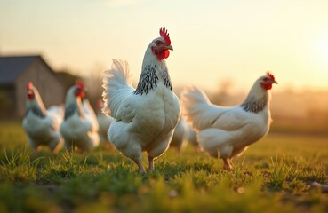 Fototapeta premium Flock of white chickens graze on green meadow. Poultry walk freely on grassland at sunset. Chickens roam on farm at countryside. Hen poultry farming bird rural agriculture concept.