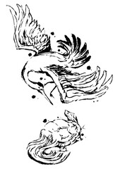 Fototapeta premium Crane and Turtle – Japanese Ink Painting