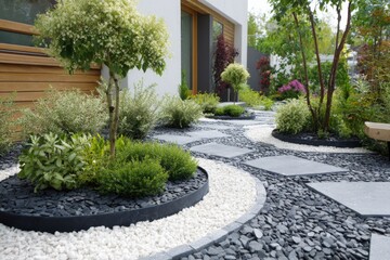 Obraz premium Modern garden design featuring winding pathways with black and white gravel, plants, and trees in a residential setting during daylight