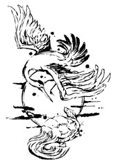 Fototapeta premium Sun Between Crane and Turtle – Japanese Ink Painting