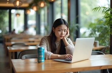 Obraz premium Tired Asian woman works on laptop in cafe with energy drink. Looks stressed, browses online info, working remotely. Job demanding, project deadline nears. Lady uses computer, surfing cyberspace.