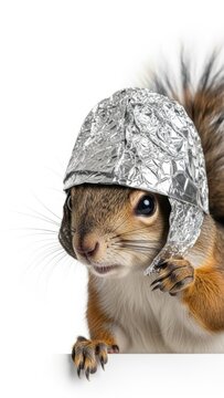 squirrel wearing a tinfoil hat, paranoid, paranoia, on a white background, animal photo