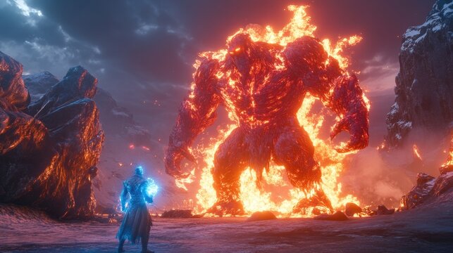 A colossal elemental battle between fire and ice unfolds at dusk with a sorcerer facing a massive creature in a volcanic landscape.