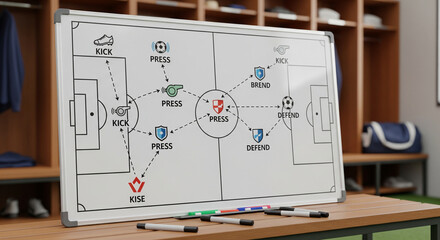 Detailed Soccer Coaching Session Strategy Whiteboard in Locker Room.
A focused image of a whiteboard detailing a soccer coaching session or match strategy inside 