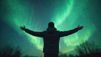 Person admires vibrant green aurora borealis dancing in night sky. Back view shows arms spread wide, embracing magical light display, vast wilderness. Experience wonder, freedom under celestial glow.