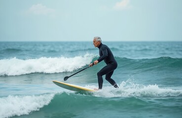 Elderly man standup paddleboarding on ocean. Senior enjoys active watersport. Athlete rides surfboard on sea waves. Mature male is paddle surfing and enjoys water activity. Ocean workout.