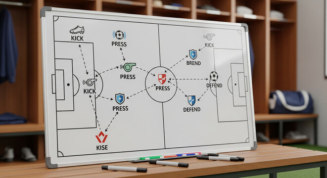 Detailed Soccer Coaching Session Strategy Whiteboard in Locker Room.
A focused image of a whiteboard detailing a soccer coaching session or match strategy inside 