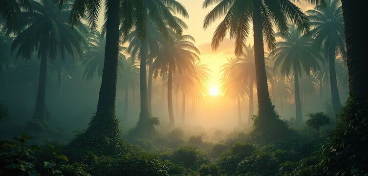 Illustration of jungle palm trees at sunset. Sunlight shines through tall palm trees. Fantasy forest scene with fog and rich vegetation. Tropical nature background.