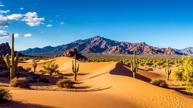 Vast arid landscape with cacti and mountains under a bright blue sky