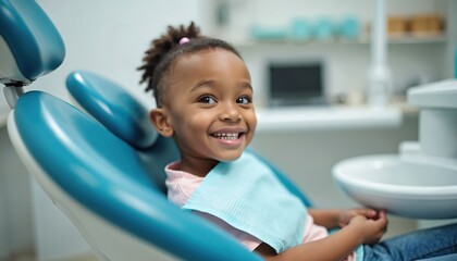 African American child smiles in dental chair, ready for pediatric teeth checkup. Kid visits dentist office for healthy smile and dental care exam. Young patient feels happy.