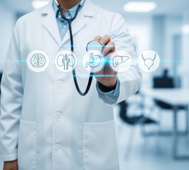 Doctor using futuristic technology to analyze brain scan data