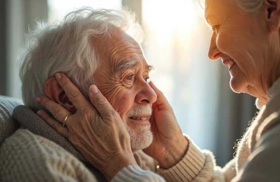 Elderly couple sharing intimate moment indoors. Woman gently touches man face, both smiling warmly. Sunlit scene suggests comfort and deep affection between partners at home. - Powered by Adobe