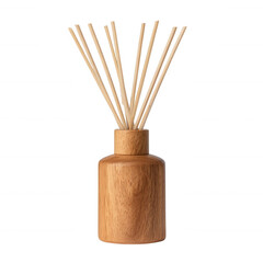 A wooden diffuser bottle with reeds for fragrance diffusion on a black background