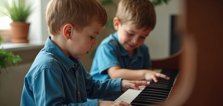 Two young boys play piano together indoors. One boy wears a blue shirt. They focus on the keyboard, hands touching keys. Potted plant visible nearby.