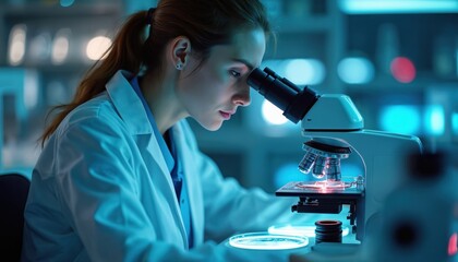 Scientist works with microscope in laboratory. Woman examines sample in petri dish. Future medical research, scientific discovery, lab equipment in blue light.