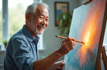 Elderly Asian man laughs while painting colorful abstract art on canvas with a brush indoors. He enjoys his creative hobby at home, finding joy in leisure time.