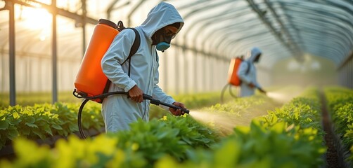 Fototapeta premium Two agricultural workers wear protective suits in a sunlit greenhouse. They spray crops with pesticide. The scene shows pest control in a farming setting. Agricultural labor involves plant treatment.