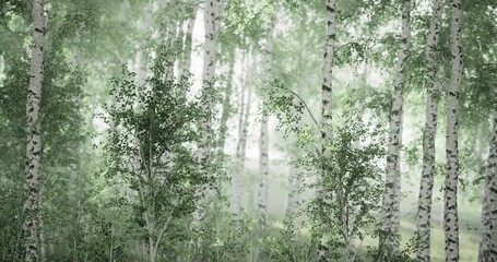 A serene forest filled with slender birch trees towers under a gentle morning mist. The lush greenery creates a peaceful atmosphere, inviting exploration and tranquility at dawn. - Powered by Adobe