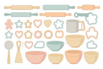 Baking tools and cookie cutters in pastel illustration