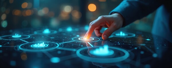 Hand of person in business suit interacts with digital interface featuring glowing blue circles, graphs on dark background. Person touches highlighted circle. Data analysis, tech concepts represented.