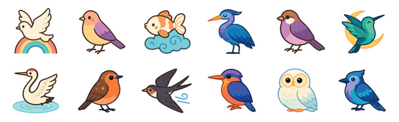 Fototapeta premium Cute cartoon bird and animal illustration set featuring a dove, owl, swan, and goldfish in a charming kawaii sticker style for children's design