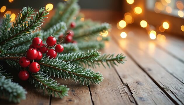 Pine branches with red berries on rustic wood table. Blurred warm festive lights glow softly in background. Winter holiday season decor setup close up. Cozy atmosphere for Christmas celebration.