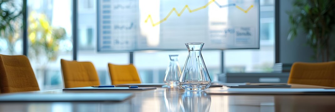 A modern conference room set for a meeting, featuring a glass table, colorful chairs, and graphs on a screen, symbolizing corporate strategy and teamwork.