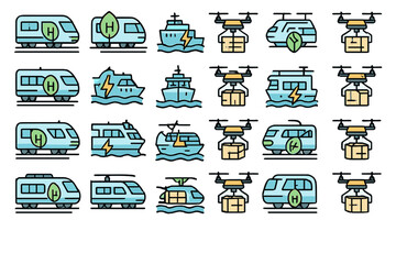 Obraz premium Icon set of eco transport including trains, boats and drones