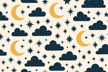 Obraz premium Night sky pattern with crescent moons, clouds, and stars