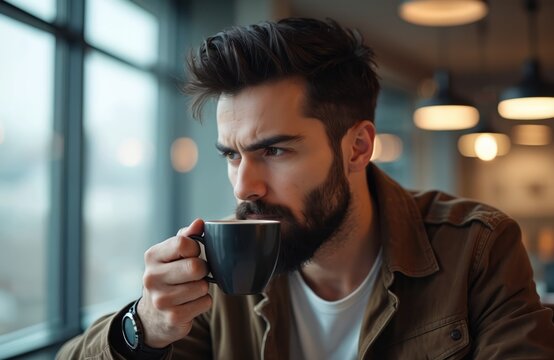 Bearded man drinks coffee from cup in modern office during late night work. Employee contemplates startup ideas, plans new vision. Busy professional works overtime, needs energy boost. - Powered by Adobe