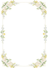 Watercolor frame with ornaments, lemon fruits, and green flowers, PNG wedding border, vintage style, hand painted art