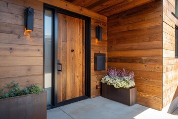 Wooden entrance door with modern fixtures and seasonal flowers in sleek planters sets a welcoming tone for a contemporary home