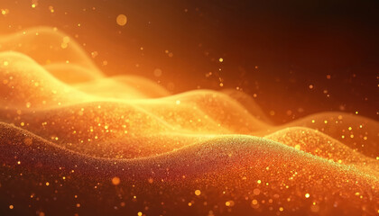Abstract flowing waves of warm orange and gold glitter sparkle in soft light. Smooth, fluid texture with a grainy, noisy surface and floating bokeh circles. Warm, vibrant background.