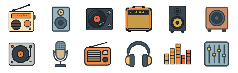Fototapeta premium Set of music and audio equipment icons featuring a radio, turntable, speaker, and headphones in a flat, colorful line art style for sound and entertainment concepts